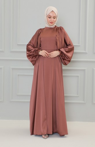 Balloon Sleeve Satin Evening Dress 6020A-01 Brick Red 6020A-01