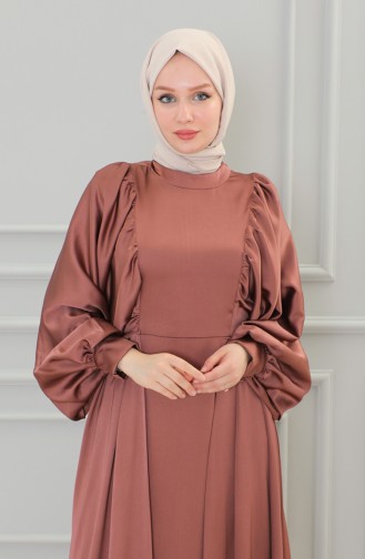 Balloon Sleeve Satin Evening Dress 6020A-01 Brick Red 6020A-01