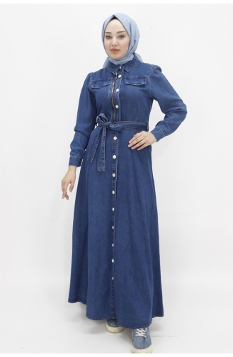 Robe En Jean Hijab Boutonnée Avec Fausse Poche 1658-01 Bleu Denim Foncé 1658-01