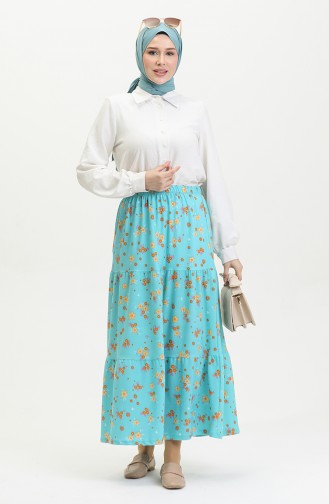 Jupe Longue Superposée En Crêpe à Motifs Floraux 8718-01 Bleu Menthe 8718-01