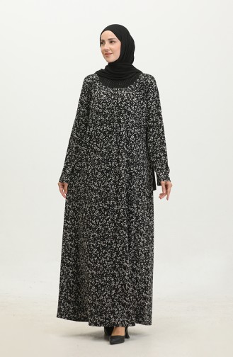 Large Size Stony Patterned Viscose Dress 4430L-01 Black Petrol 4430L-01