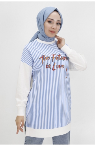 سويت شيرت من بوانت بخيطين وطبعات نصية ومخططة 10476-01 لون إكرو 10476-01