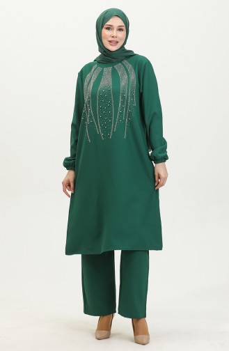 Ensemble Deux Pièces Robe De Soirée Tunique Pantalon Imprimé Pierre 0410-01 Vert Emeraude 0410-01