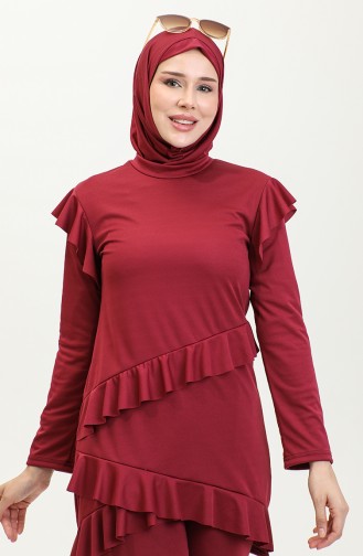 Rüschen-Langarm-Hijab-Badeanzug 2208-02 Weinrot 2208-02