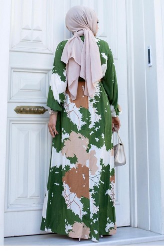Robe Verte Hijab à Motifs De Feuilles 451