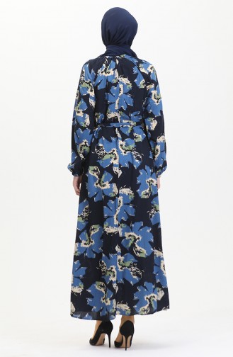 Robe A Motifs Avec Ceinture Et Manches Raglan 0476-03 Indigo 0476-03