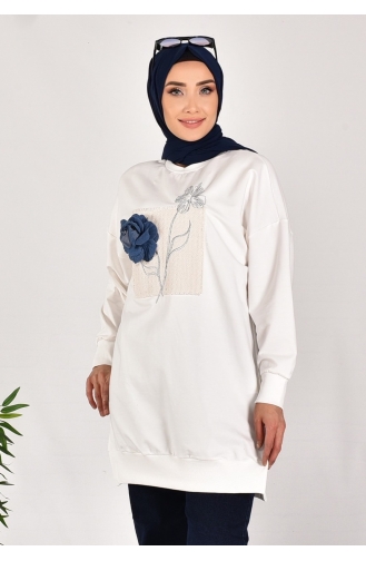 Puane Iki Iplik Kumaş Nakışlı Ve Çiçekli Sweatshirt 10575-01 Ekru