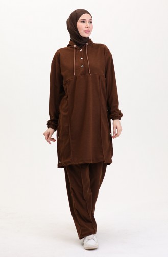 Kapüşonlu Tunik Pantolon İkili Takım 0567-04 Kahverengi