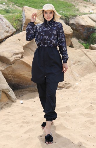 Anchor Patterned Elastic Waist Hijab Swimsuit 5038-01 Black Blue 5038-01