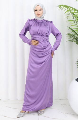 Pile Detaylı Saten Abiye Elbise 6374-03 Lila