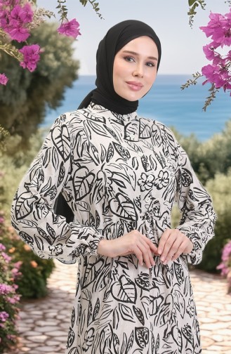 فستان كتان بتفاصيل من الدانتيل وأزرار أمامية 0520B-04 لون بيج وأسود 0520B-04